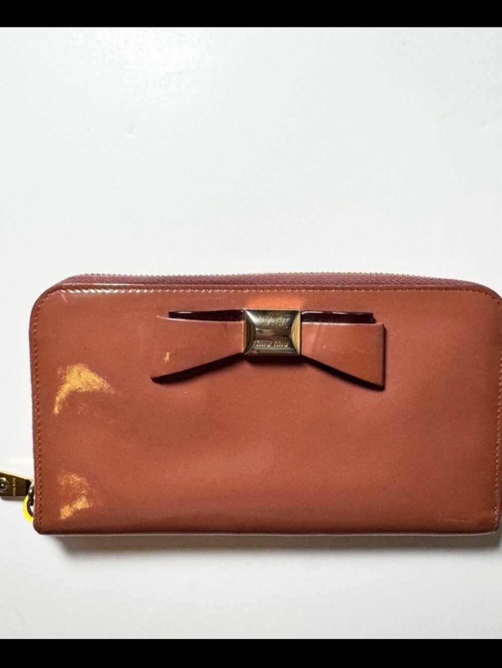 Miu Miu Caramel Brown Patent Leather Long Zip Wallet GUC